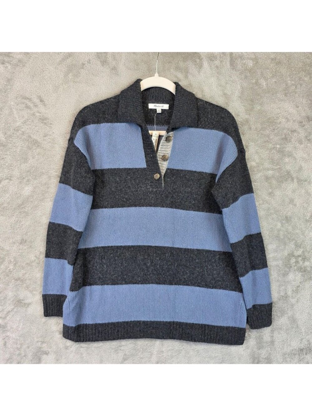Madewell Sweater Womens XS Gray Blue Rugby Stripe Collared Henley Oversized Knit